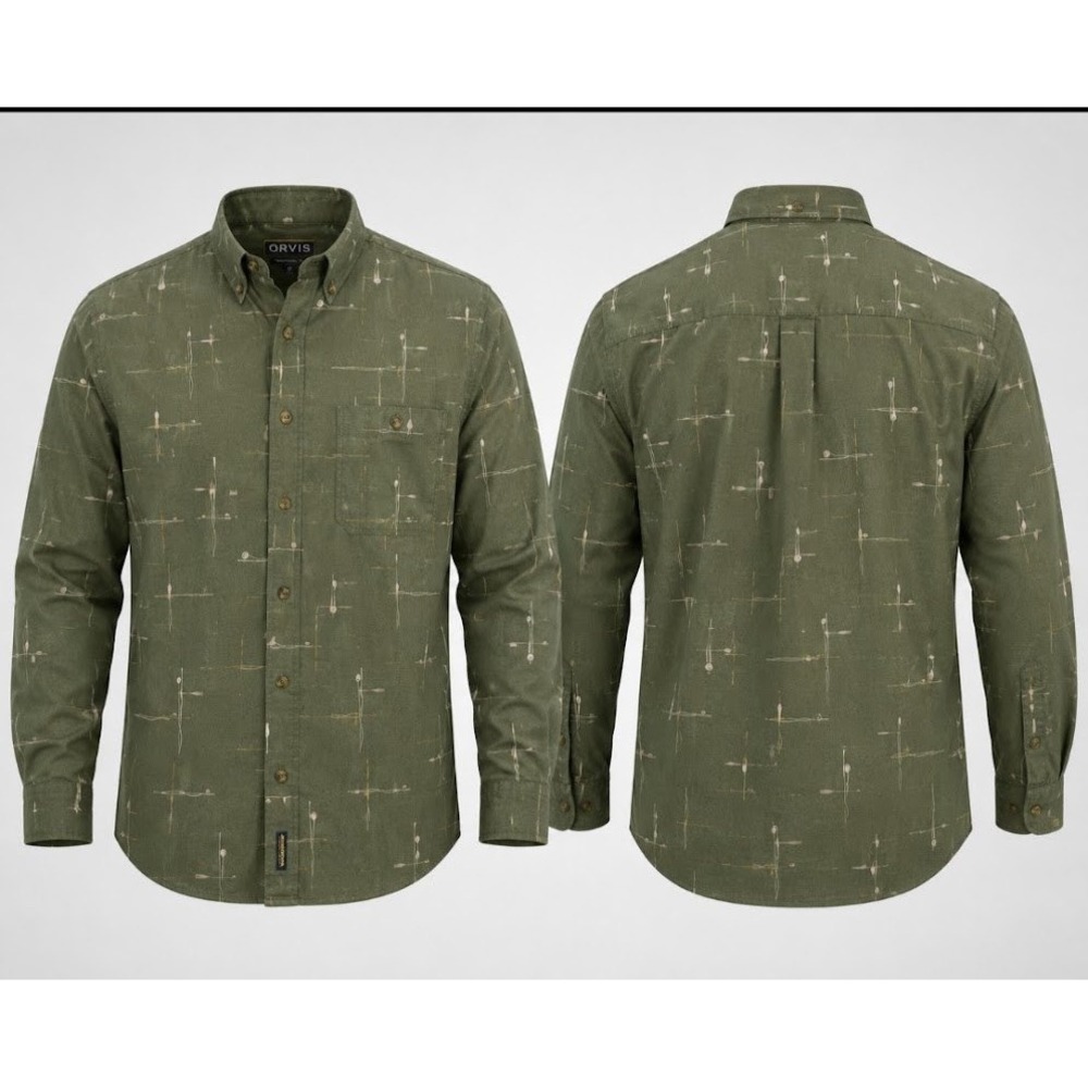 Woolrich John Rich & Bros Mens Olive Green Fishing Oar Print Cotton Shirt L 6047